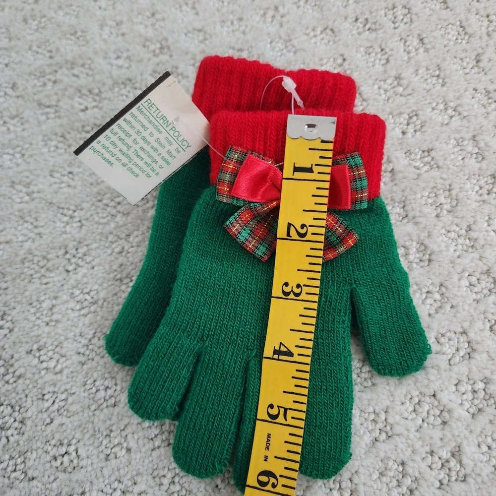 Christmas Gloves Green Red Plaid Bow Jingle Bell One Size NWT